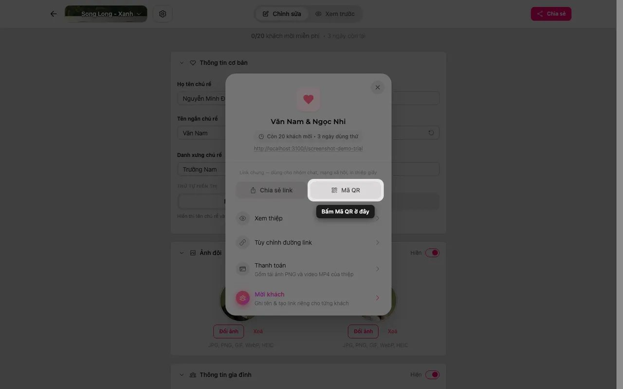 Mã QR trong bảng Chia sẻ