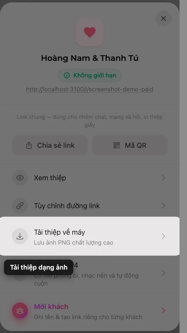 Nút tải thiệp dạng ảnh trong bảng Chia sẻ