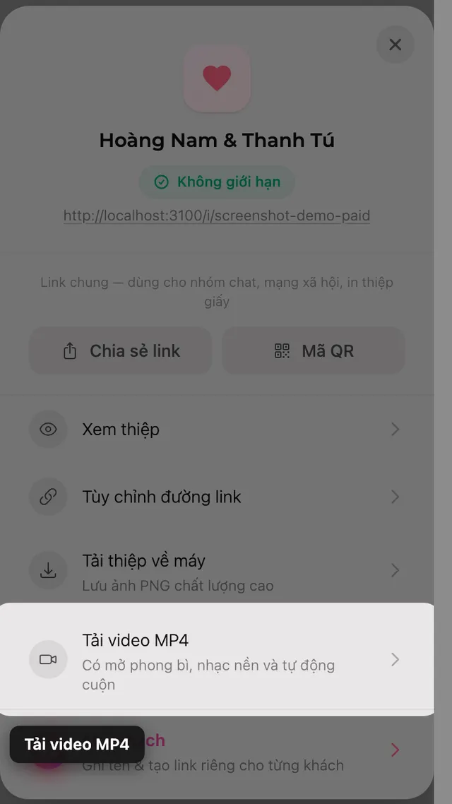 Nút tải video MP4 trong bảng Chia sẻ