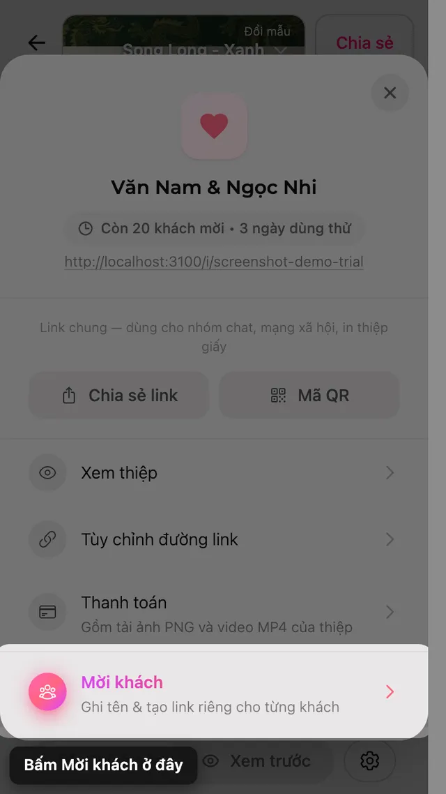 Mục mời khách trong bảng Chia sẻ