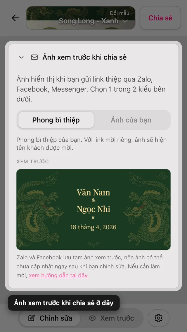 Phần ảnh xem trước khi chia sẻ trong trình chỉnh sửa