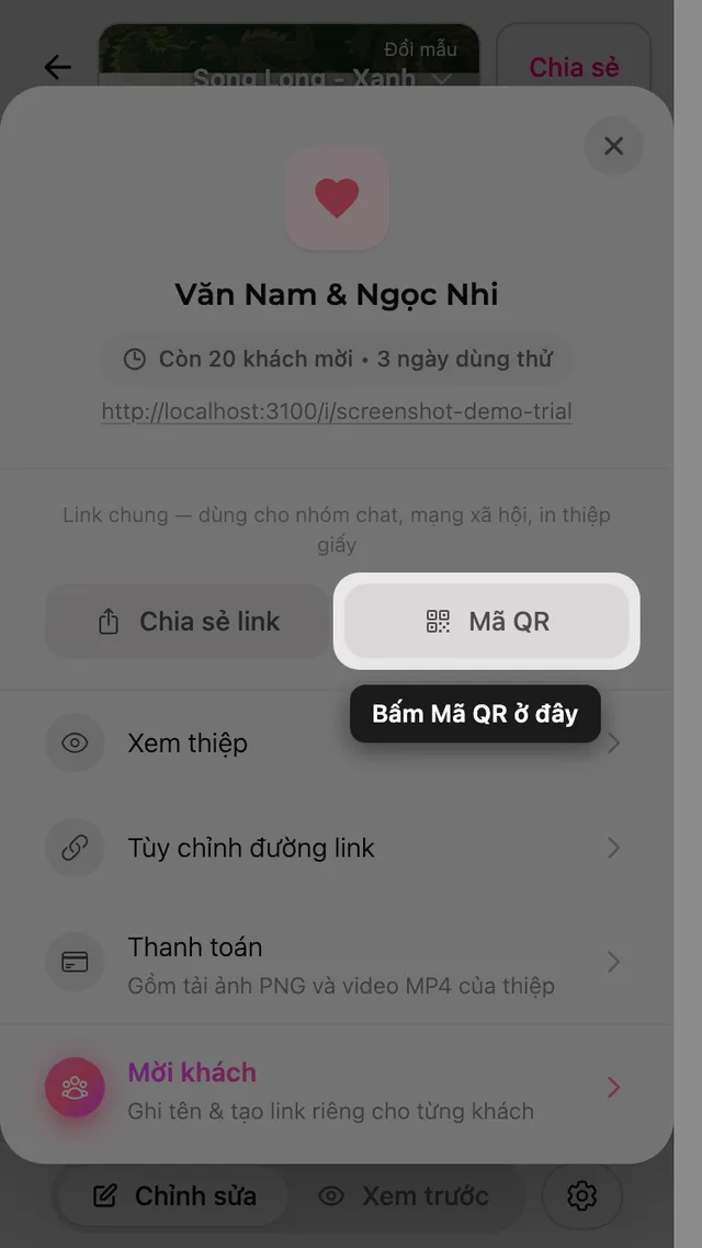 Mã QR trong bảng Chia sẻ