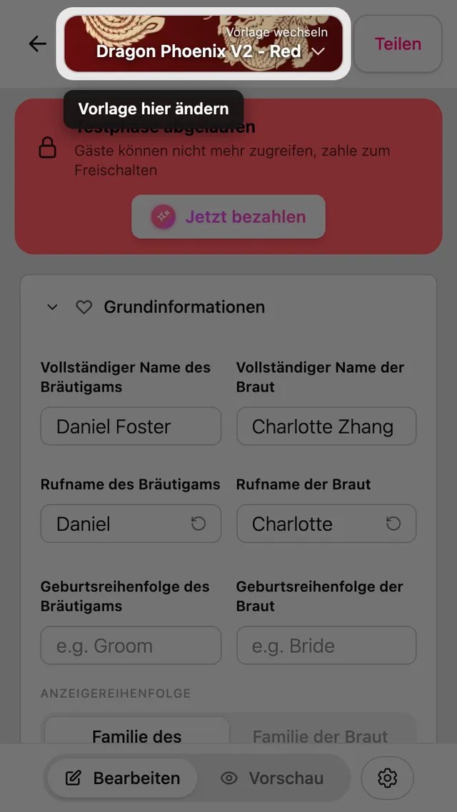 Die Schaltfläche zum Wechseln der Vorlage oben im Editor