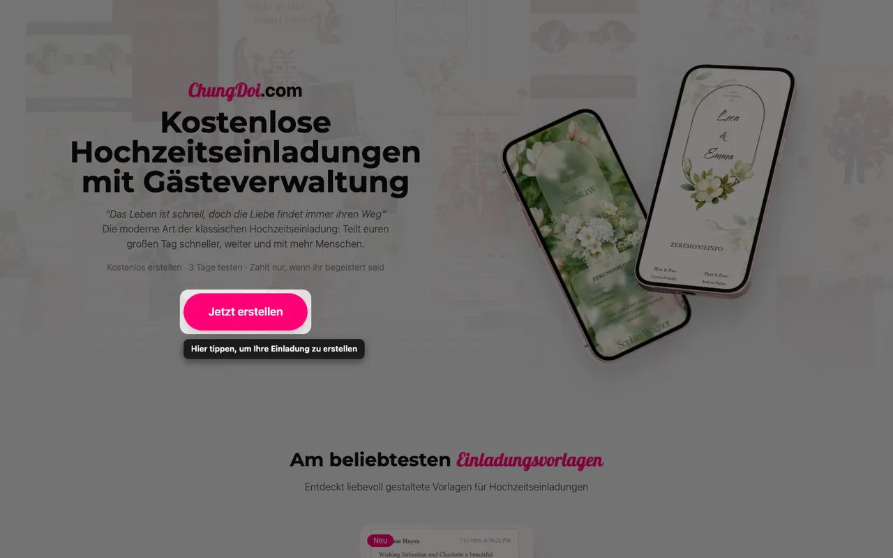 Die Schaltfläche zum Erstellen auf der ChungDoi-Startseite