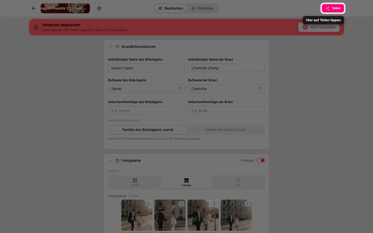 Die Schaltfläche Teilen im Editor