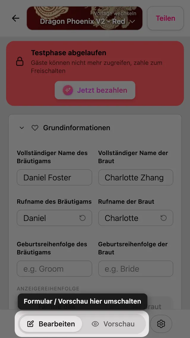 Der Umschalter zwischen Formular und Vorschau im Editor