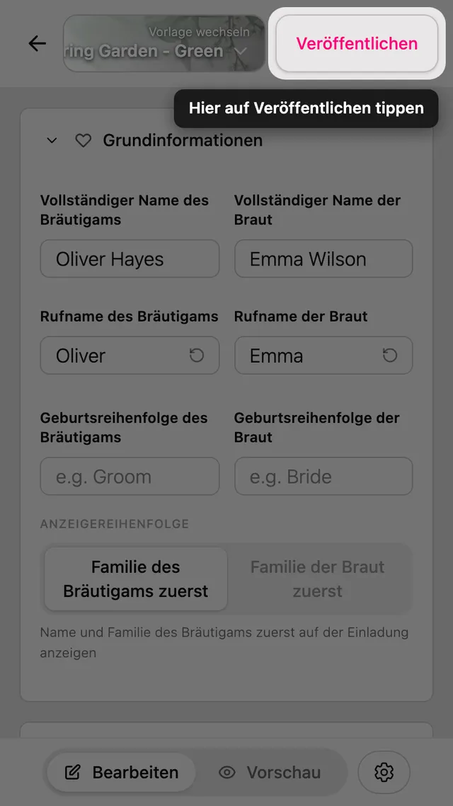 Die Schaltfläche Veröffentlichen im Editor