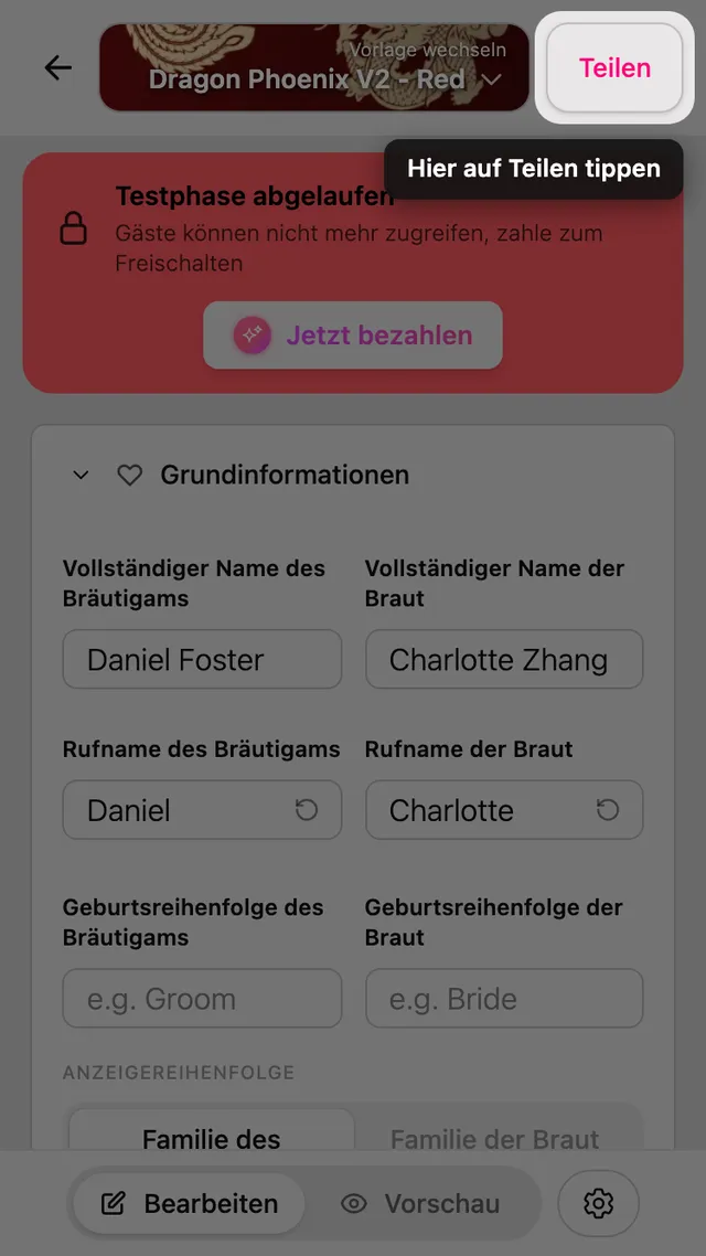 Die Schaltfläche Teilen im Editor