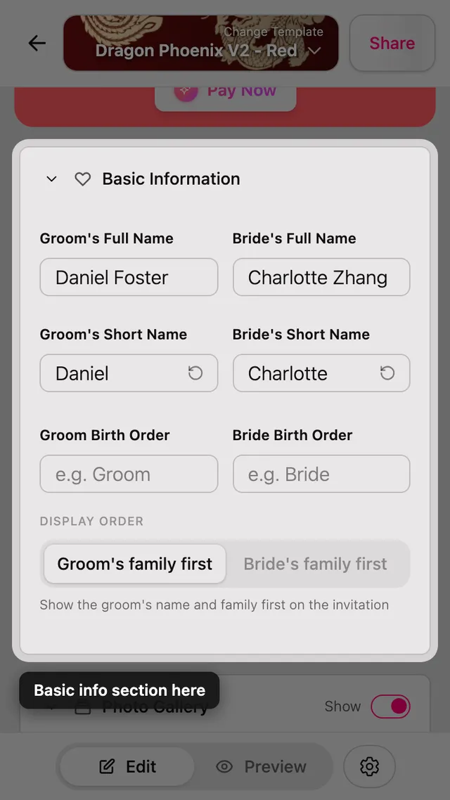 The Basic info section in the editor