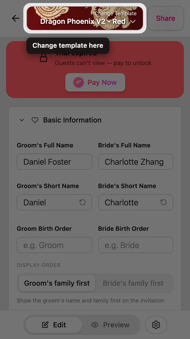 The Change template button at the top of the editor