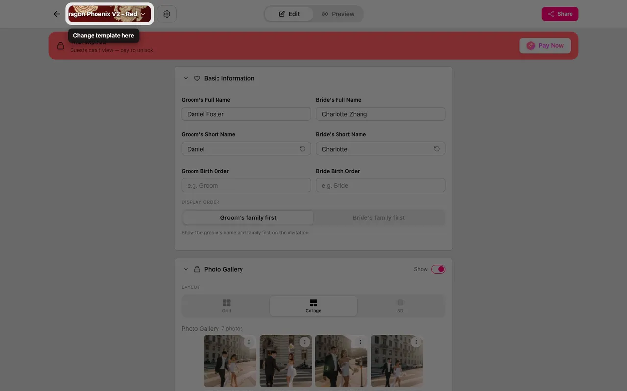 The Change template button at the top of the editor