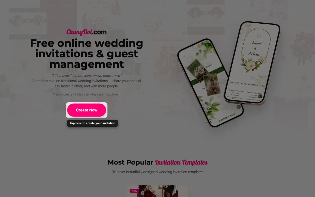 The create invitation button on the ChungDoi home page