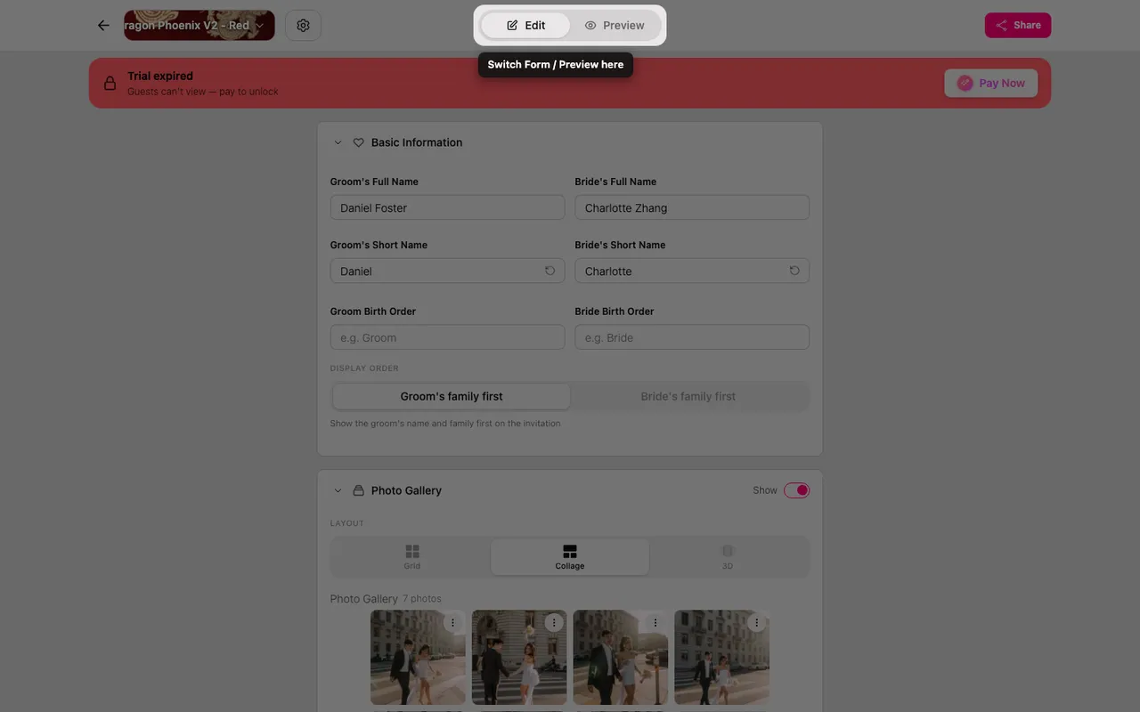 The Form and Preview toggle in the editor