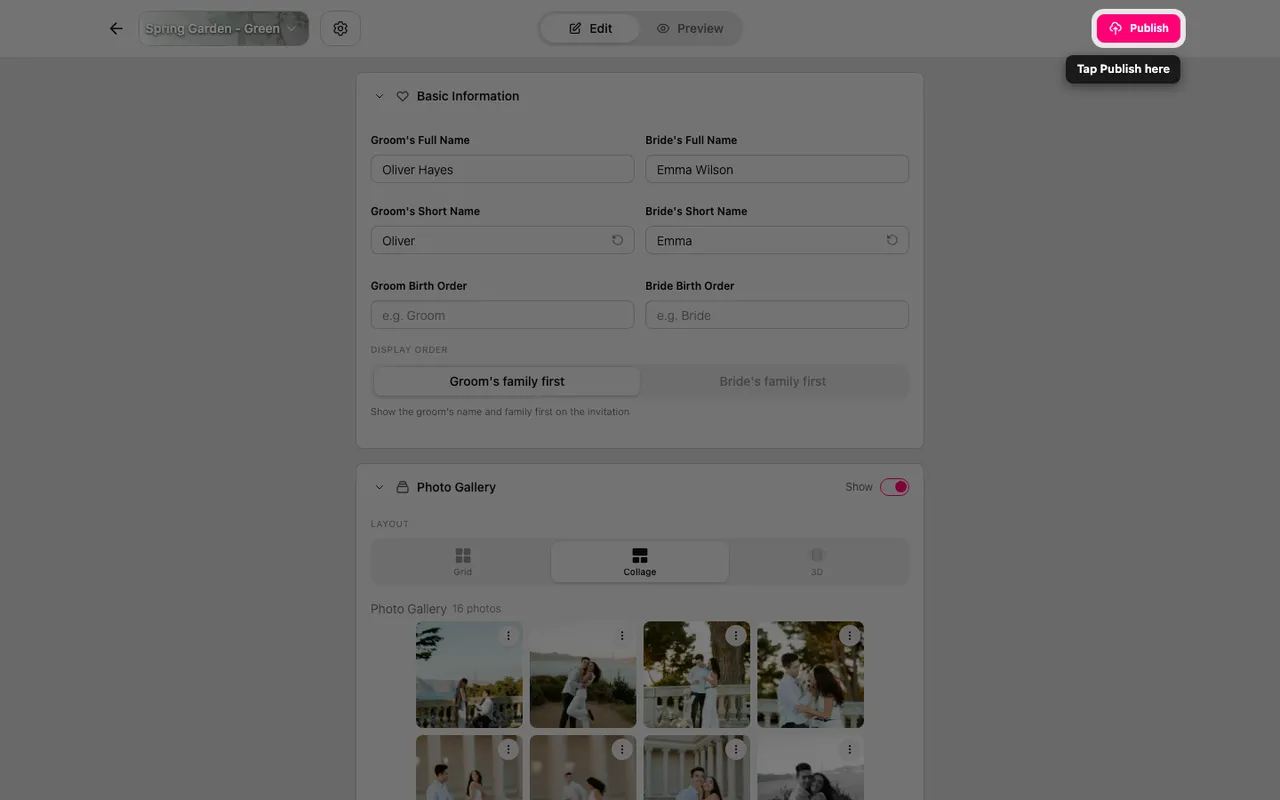 The Publish button in the editor