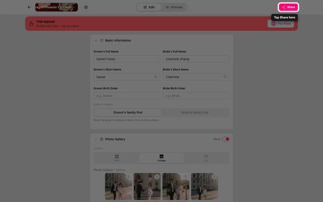 The Share button in the editor