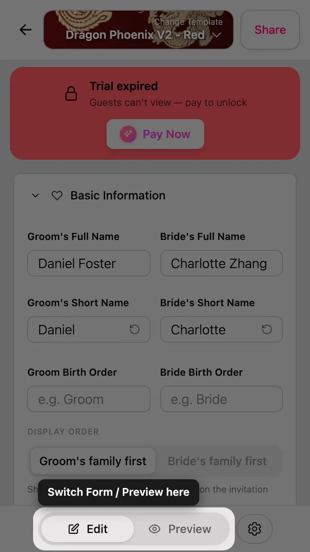 The Form and Preview toggle in the editor