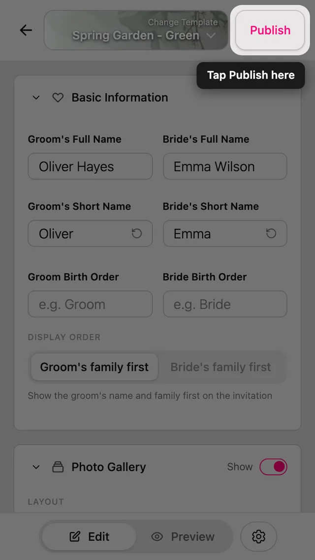 The Publish button in the editor