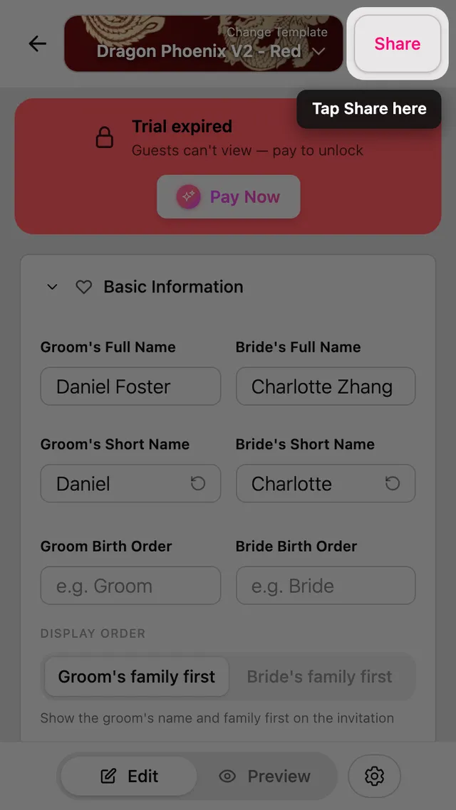 The Share button in the editor