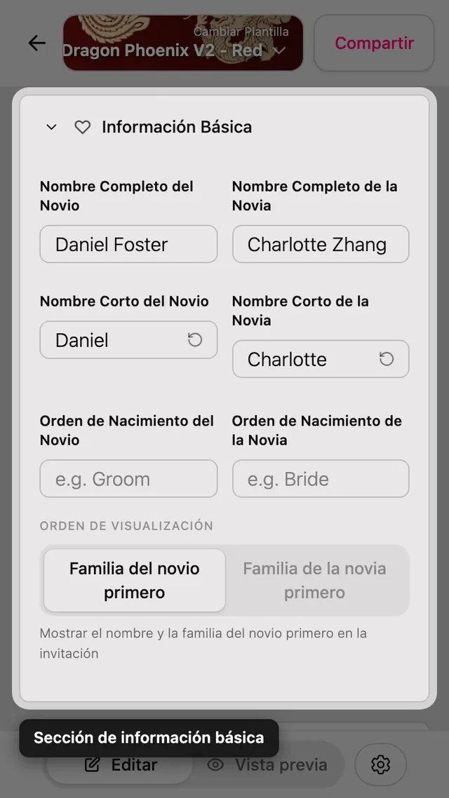 La sección Información básica en el editor