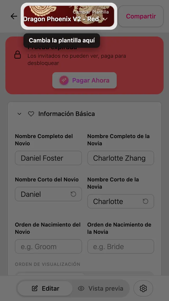 El botón Cambiar plantilla en la parte superior del editor