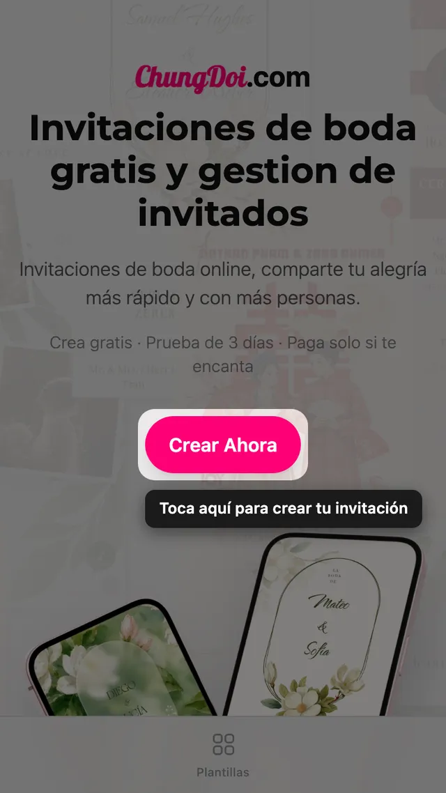 El botón de crear invitación en la página de inicio de ChungDoi