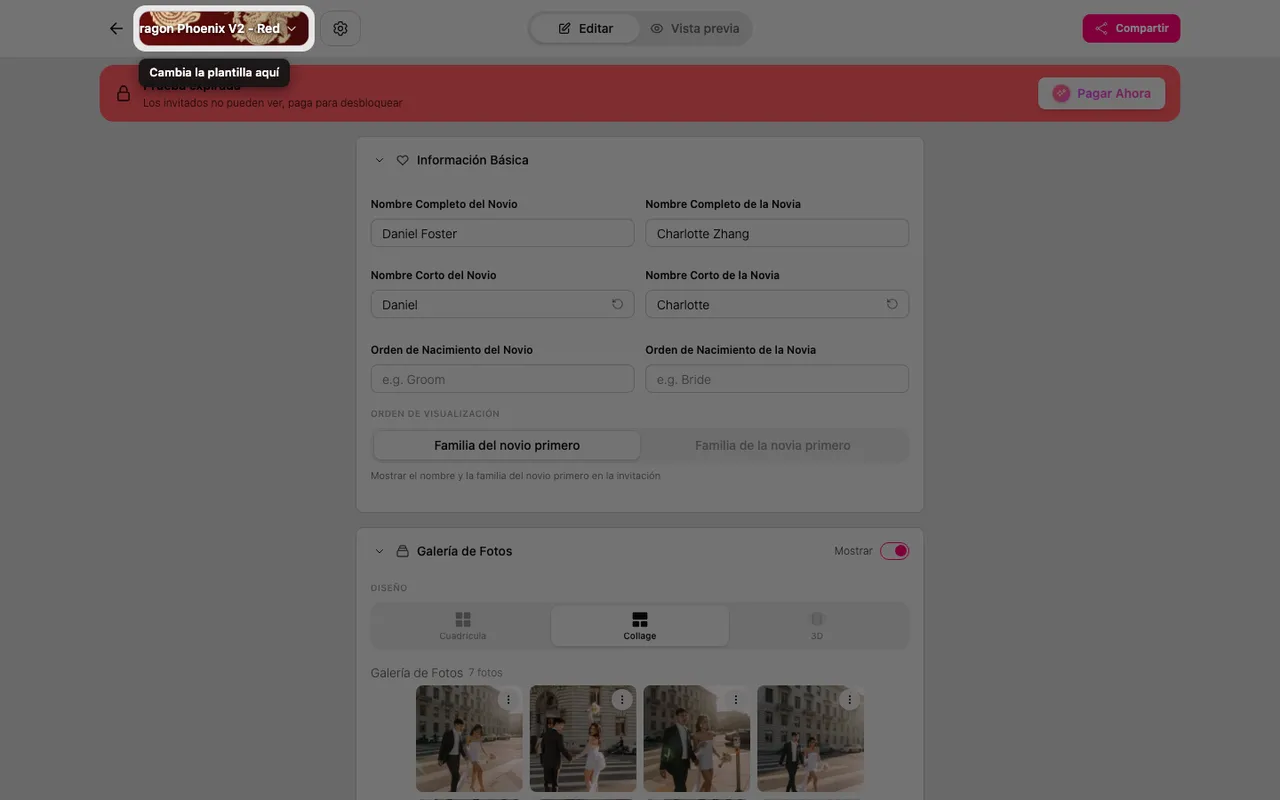 El botón Cambiar plantilla en la parte superior del editor
