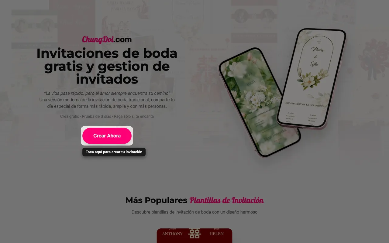 El botón de crear invitación en la página de inicio de ChungDoi