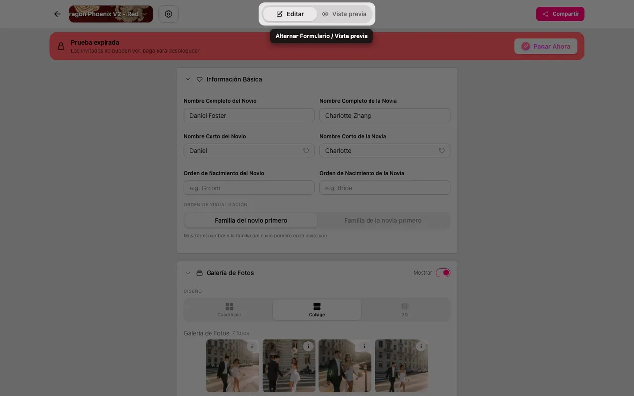 El selector entre Formulario y Vista previa en el editor