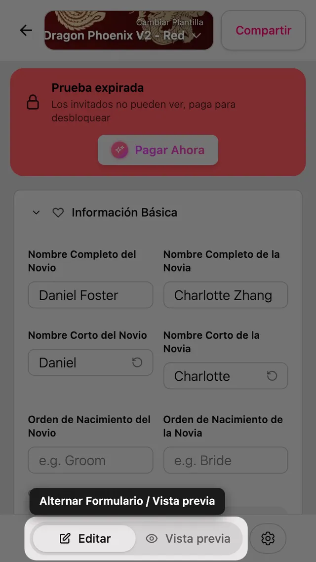 El selector entre Formulario y Vista previa en el editor