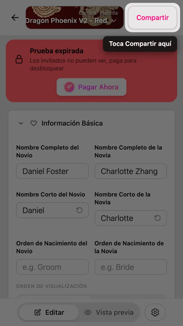 El botón Compartir en el editor