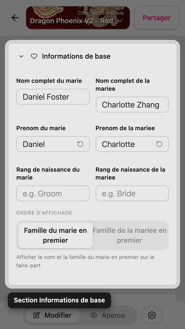 La section Informations de base dans l'éditeur