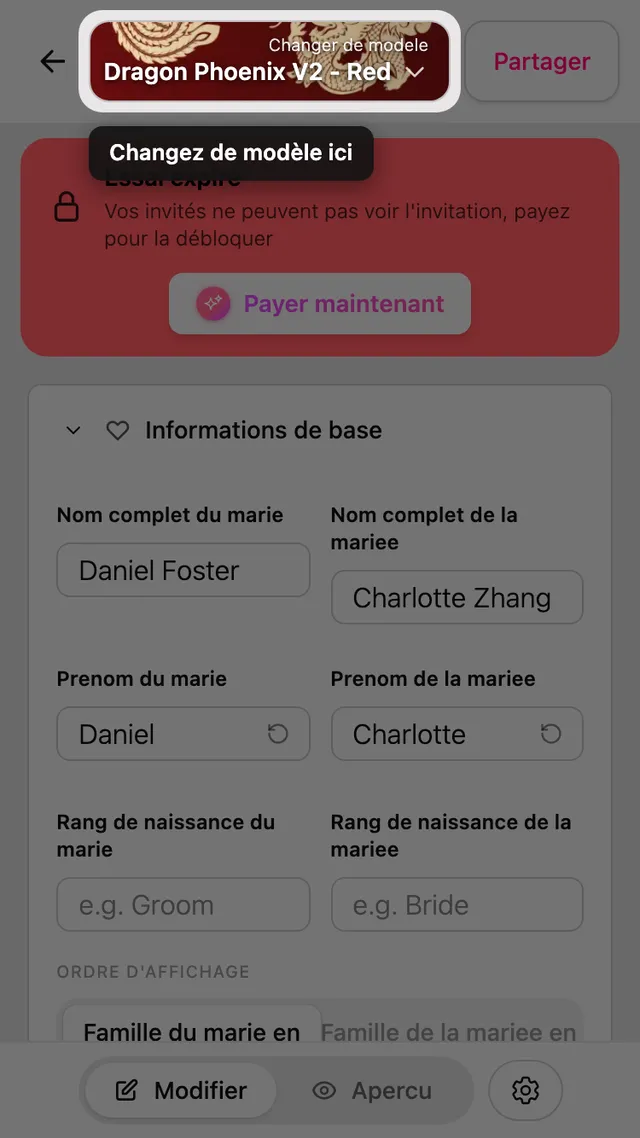 Le bouton Changer de modèle en haut de l'éditeur