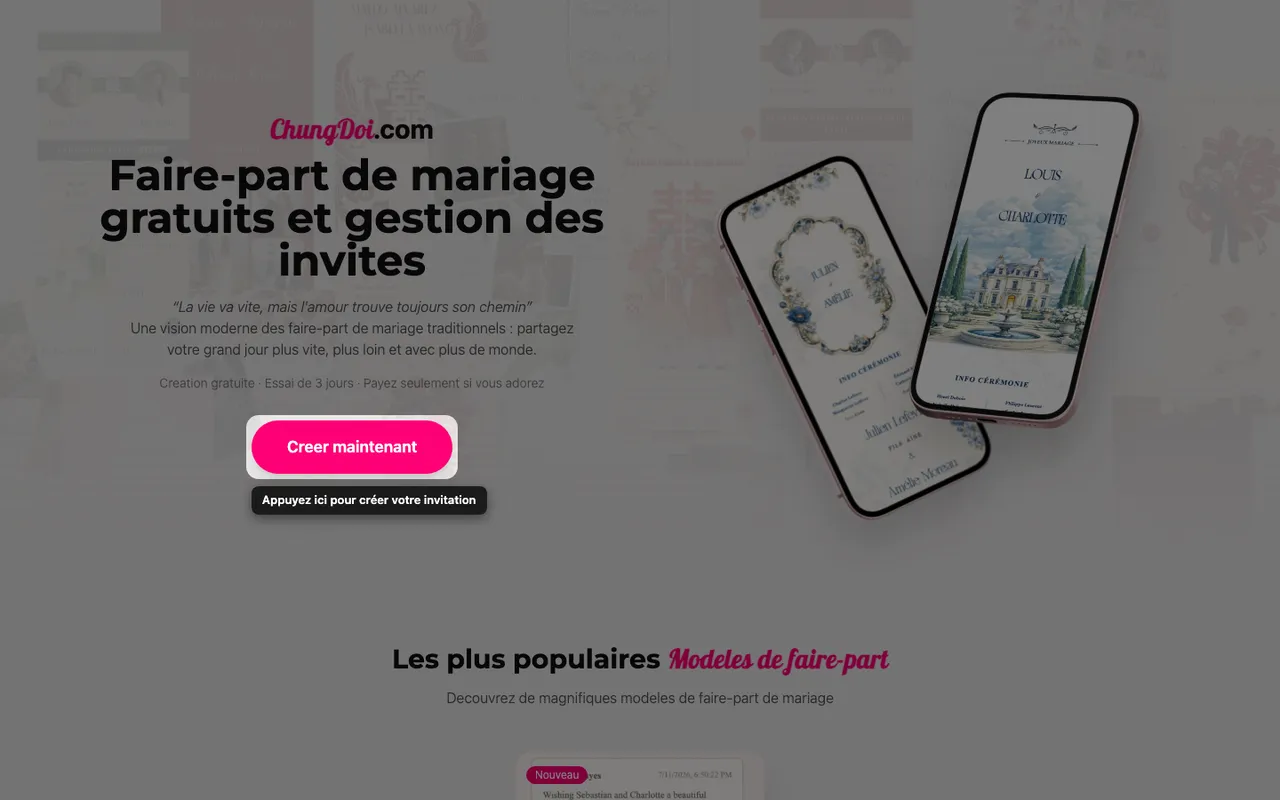 Le bouton de création sur la page d'accueil ChungDoi