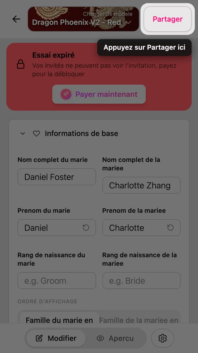 Le bouton Partager dans l'éditeur