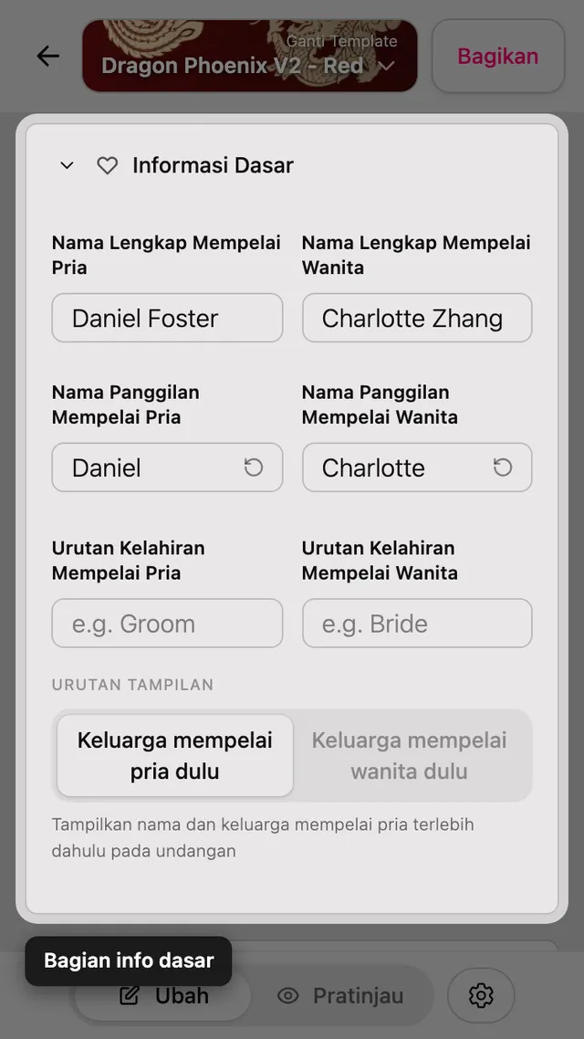Bagian Informasi dasar di editor