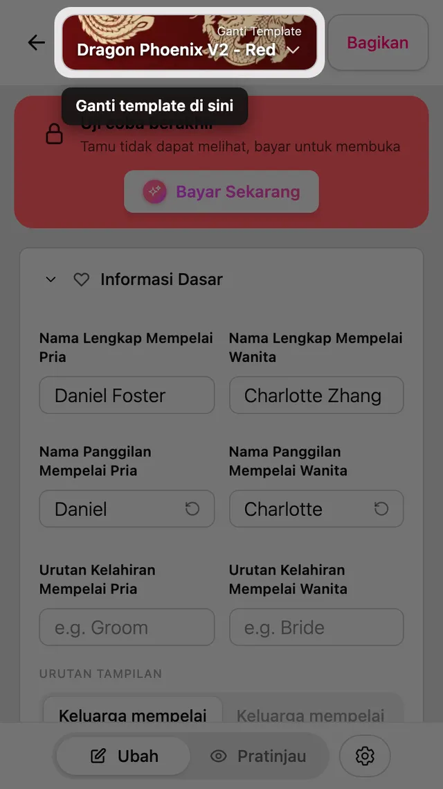 Tombol Ganti template di bagian atas editor