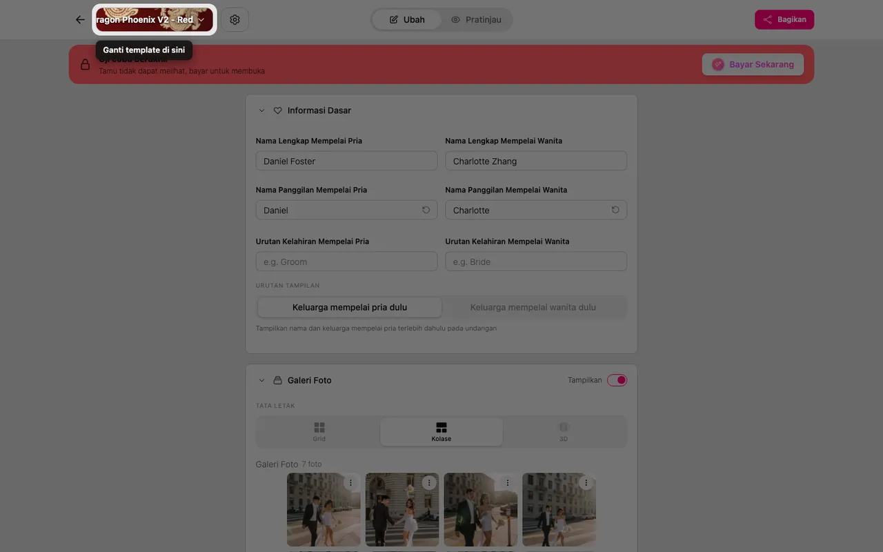 Tombol Ganti template di bagian atas editor