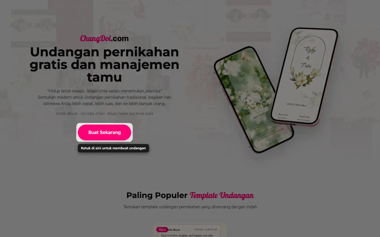 Tombol buat undangan di halaman depan ChungDoi