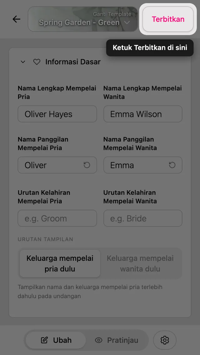 Tombol Terbitkan di editor