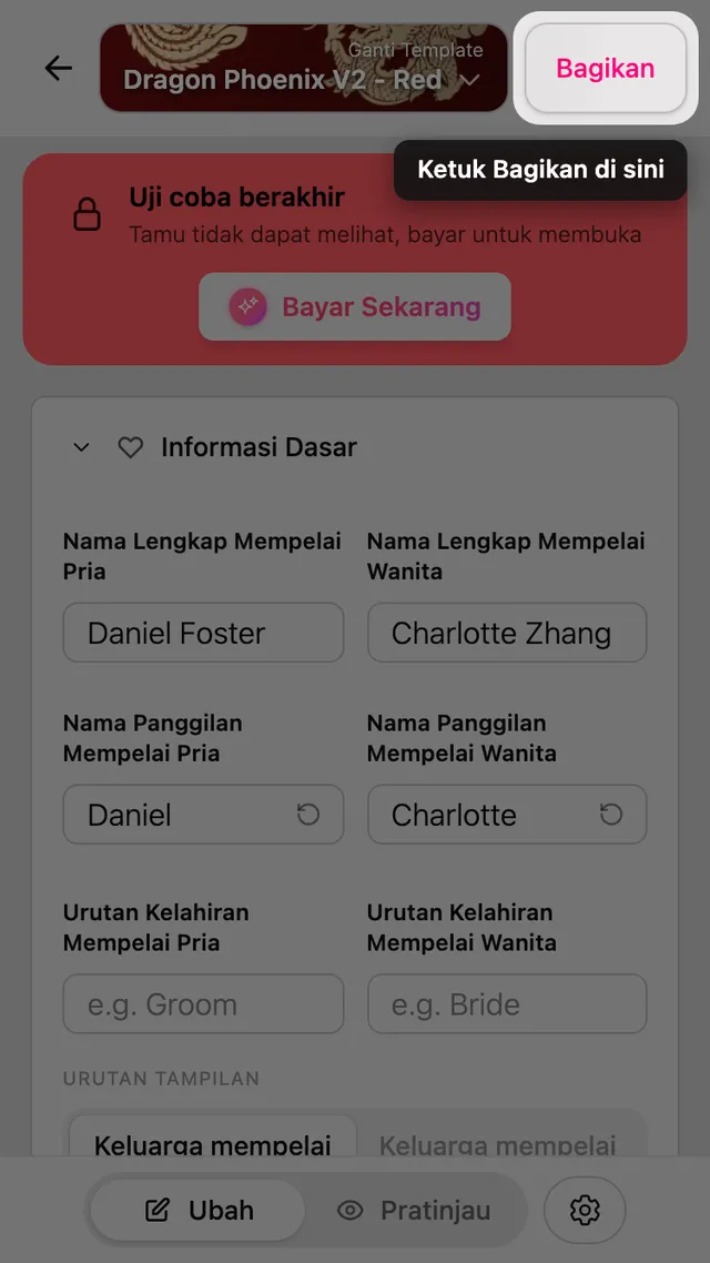 Tombol Bagikan di editor