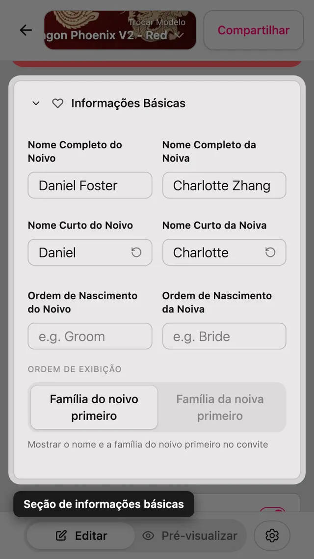 A seção Informações básicas no editor