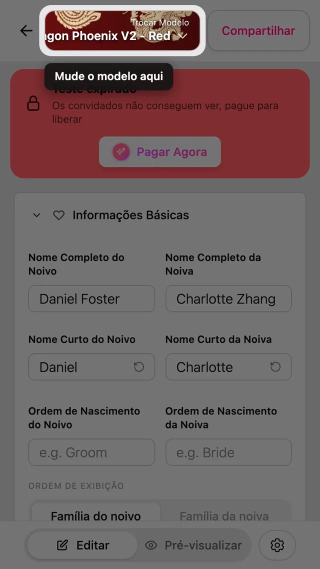 O botão Trocar modelo no topo do editor