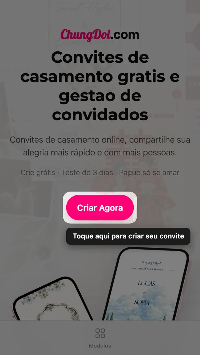 O botão de criar convite na página inicial da ChungDoi