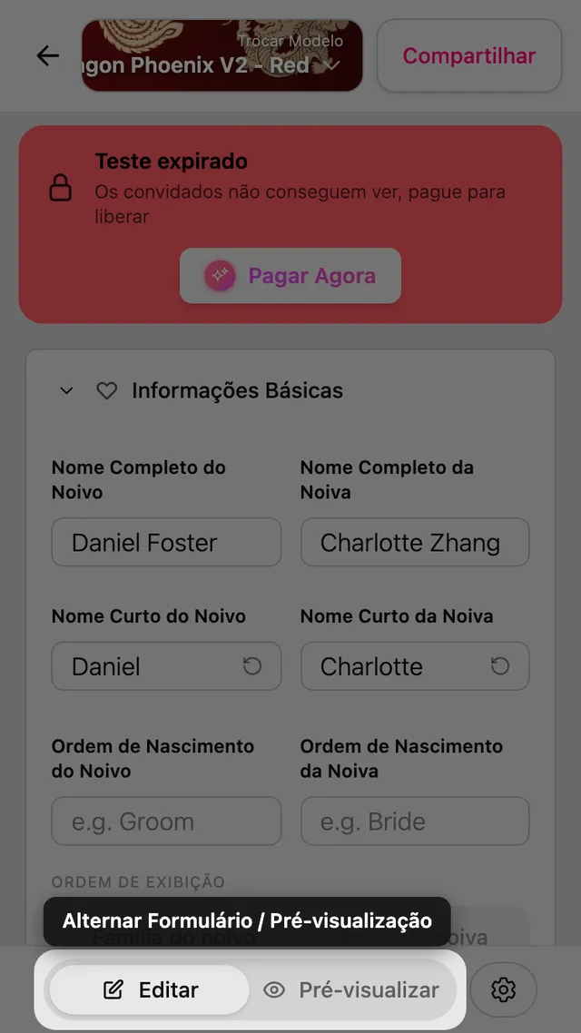 O botão de alternar entre Formulário e Pré-visualização no editor