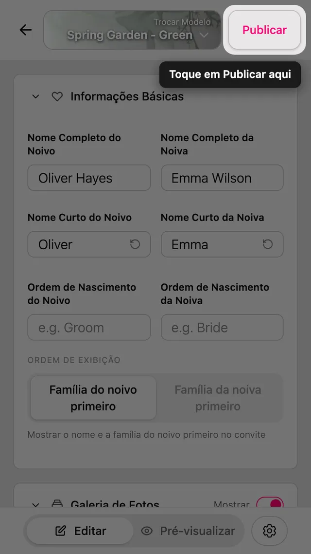 O botão Publicar no topo do editor