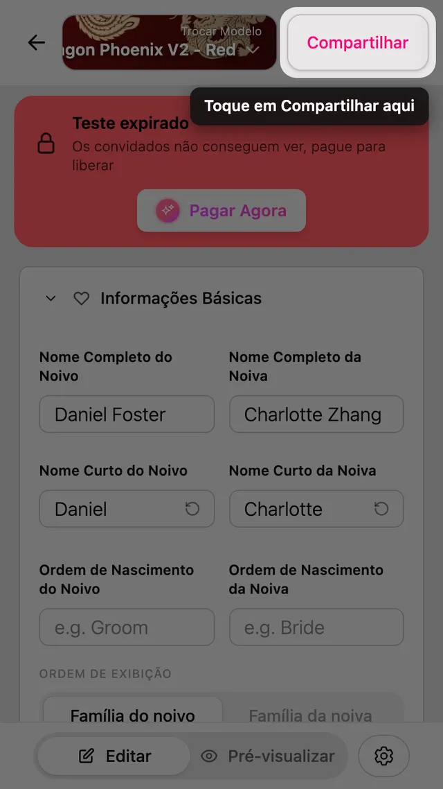 O botão Compartilhar no editor