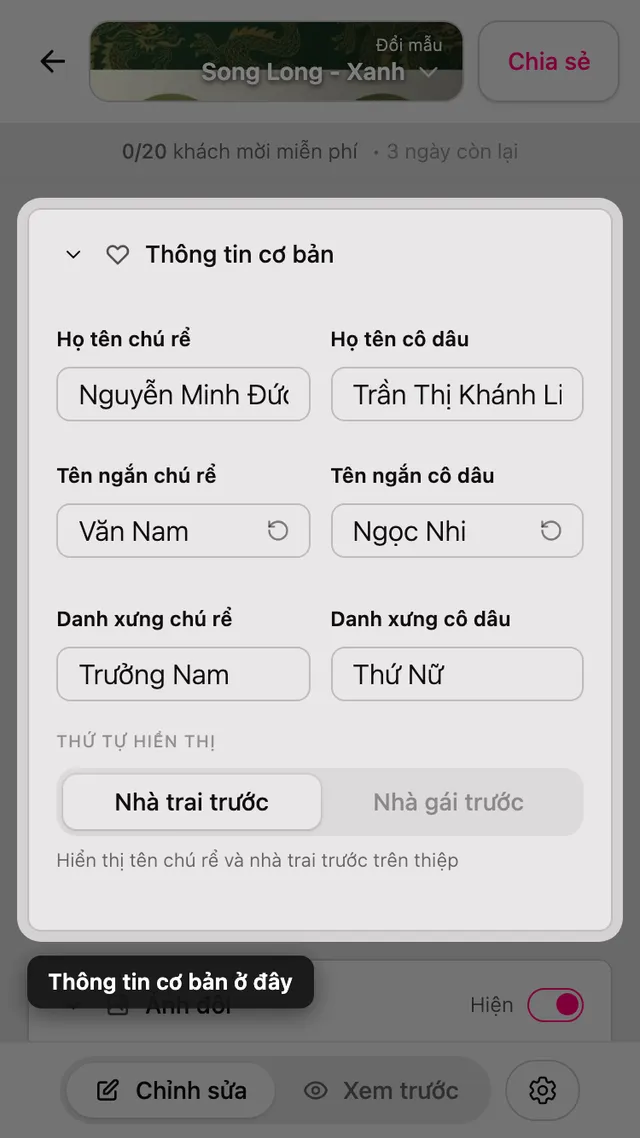 Phần Thông tin cơ bản trong trình chỉnh sửa