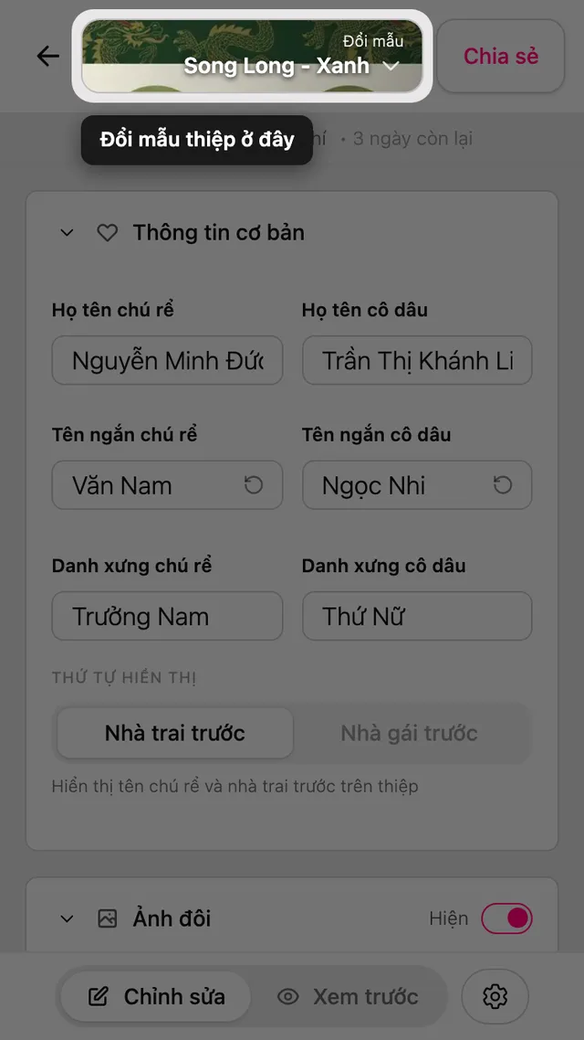 Nút Đổi mẫu ở đầu trình chỉnh sửa