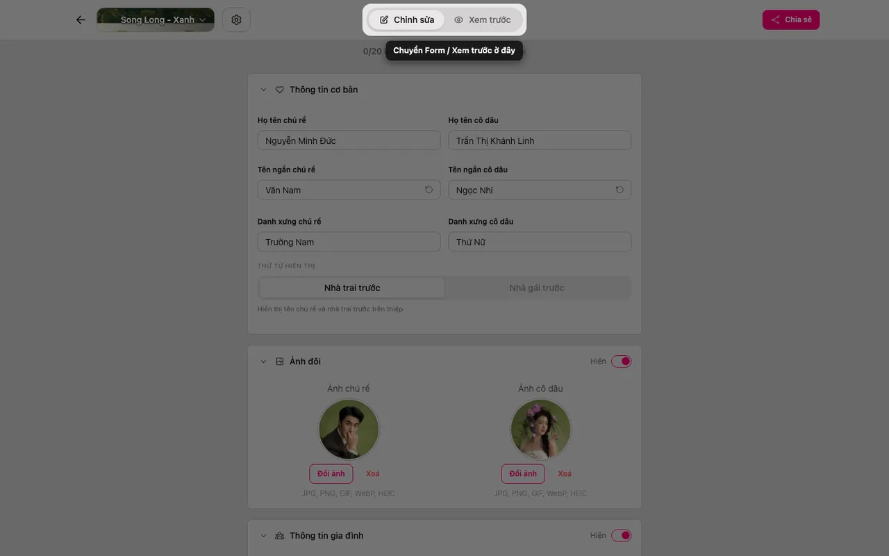 Nút chuyển giữa Form và Xem trước
