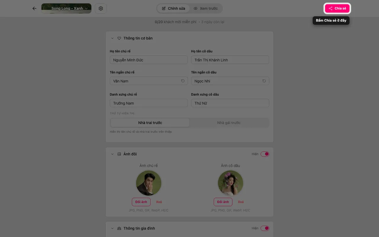 Nút Chia sẻ trong trình chỉnh sửa